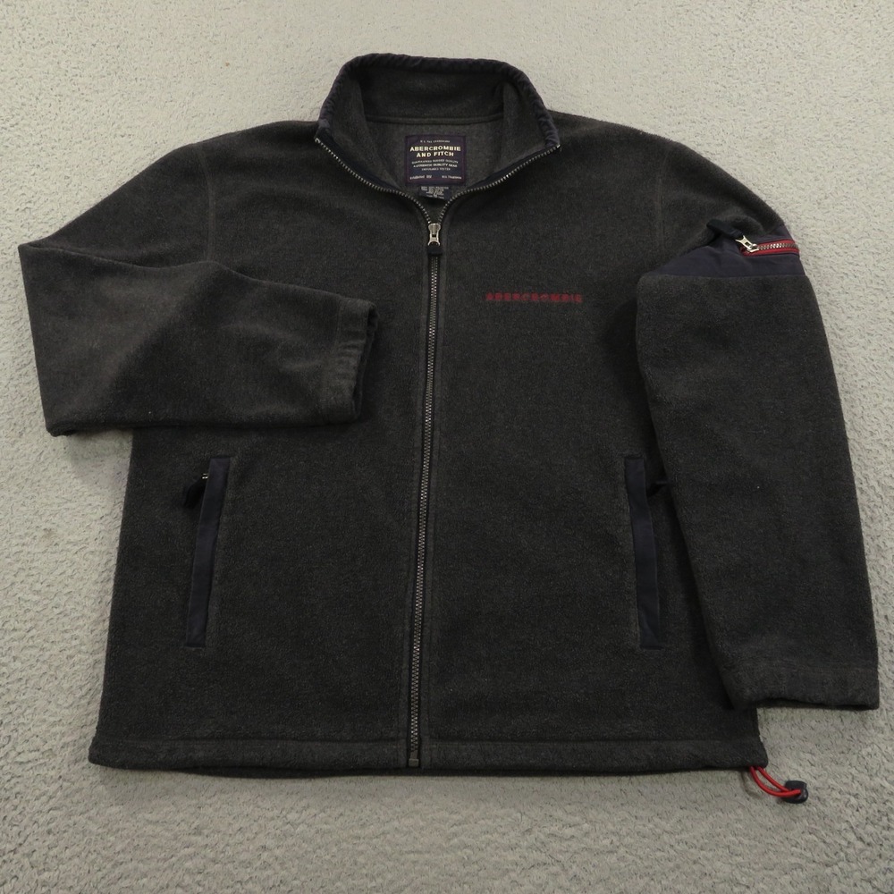 VINTAGE Abercrombie Jacket Men Medium Charcoal Fleece Full Zip Embroidered Patch